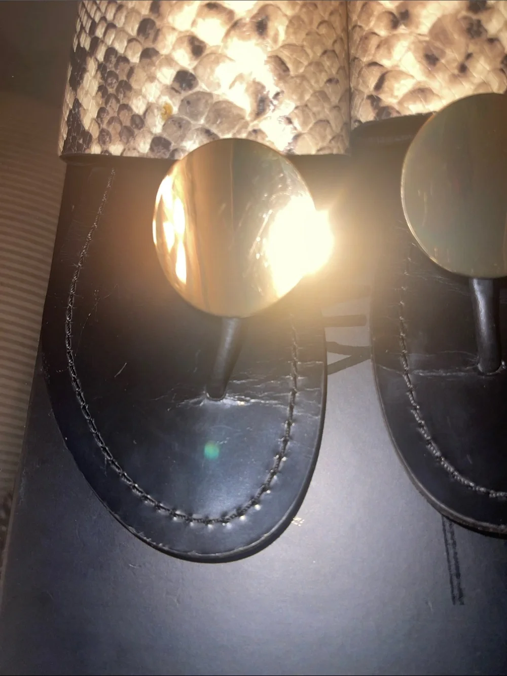 Tory Burch Black Slides with Snake-Print Strap and Gold Discs